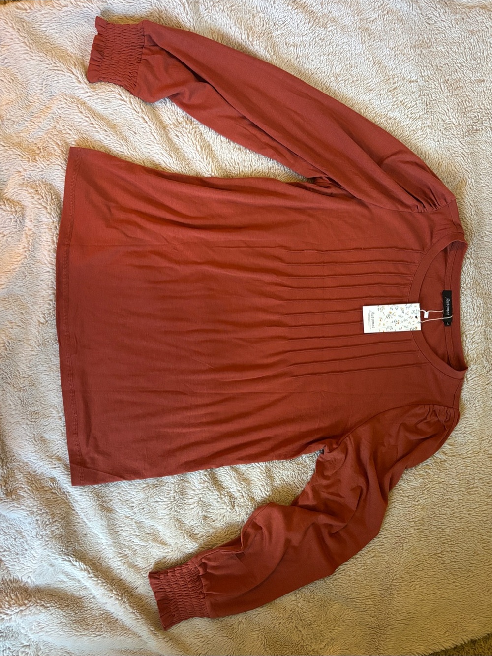 Tahari Rust Pintuck Front Blouse with Smocked Cuffs
